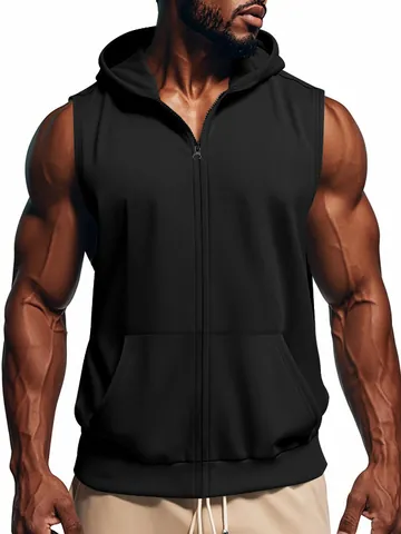 Men's Sleeveless Fitness Hoodie Full Zip Sports Tank Top Quick Dry Muscle Workout Gym Vest For Bodybuilding Top