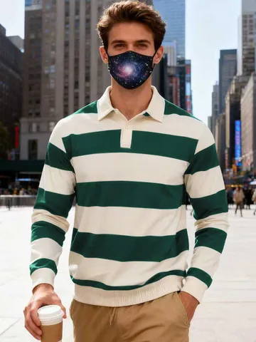 Men's Casual Striped Long Sleeve Polo Shirt Contrast Color Lapel Button Down Streetwear Knitted Polyester Top For Men