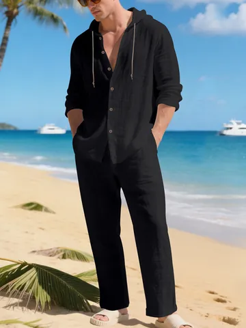 Ανδρικό Casual Λινό Σετ Παραλίας Επάνω Και Κάτω Μακρυμάνικο Πουκάμισο Με Κουκούλα Κορδόνι Χαλαρό Παντελόνι Αναπνεύσιμο Μονόχρωμο Resort Wear