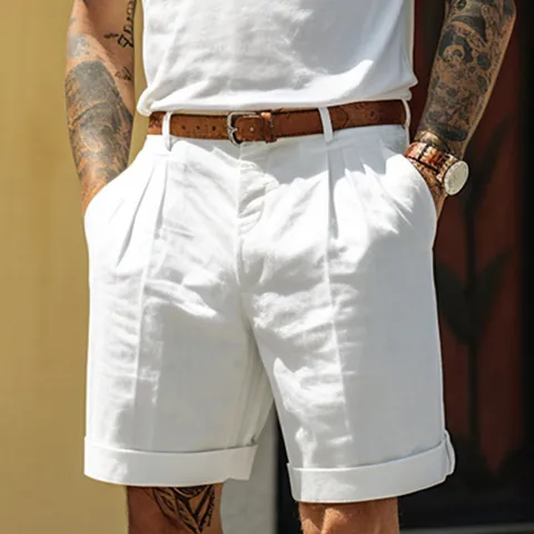 Pantaloncini di Lino Uomo Estivi Casual Pieghettati a Gamba Dritta Comodi Traspiranti Pantaloncini in Tessuto con Tasche Bottom