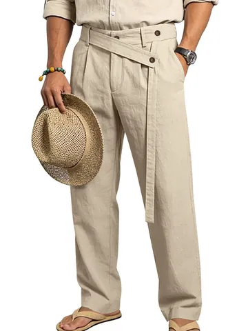 Men's Casual Linen Straight Wide Leg Pants Diagonal Belt Asymmetrical Waist Solid Color Loose Streetwear Trousers
