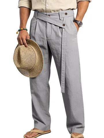 Men's Casual Linen Straight Wide Leg Pants Diagonal Belt Asymmetrical Waist Solid Color Loose Streetwear Trousers