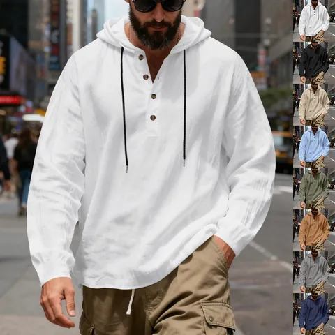 Men Casual Linen Hooded Henley Shirt Long Sleeve Loose Fit Breathable Beach Yoga Top Solid Woven Lightweight Apparel