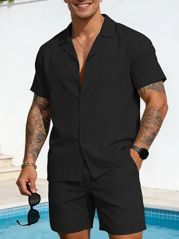 Herren Sommer Freizeit Oberteil und Unterteil Set Kurzarm Hemd und Shorts Lockere Passform Einfarbig Atmungsaktiv Strandkleidung