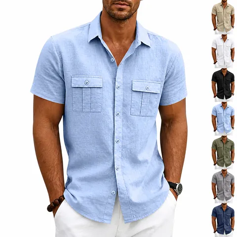 Camicia a Maniche Corte Casual in Misto Lino da Uomo Polo Formale Doppie Tasche Traspirante Tinta Unita Bottone Top