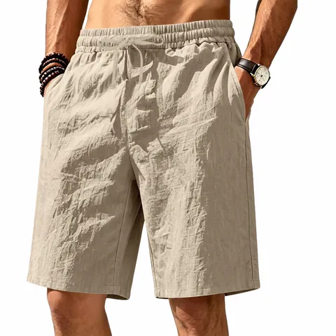 Men's Casual Linen Blend Beach Shorts Elastic Waist Drawstring Breathable Summer Five-Point Pants Solid Color Sporty Bottoms