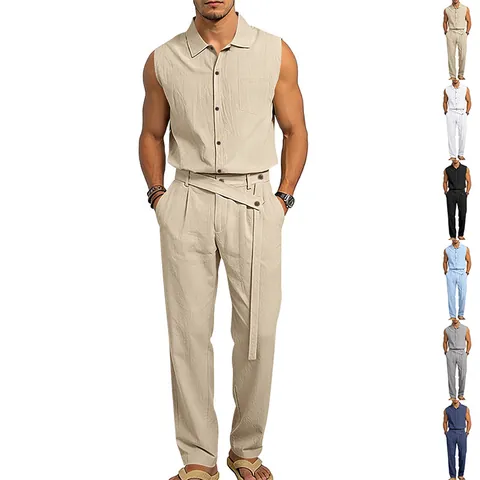 Conjunto de Camisa Sin Mangas y Pantalones de Lino Casual para Hombre Verano Transpirable Top And Bottom Tejido Color Sólido Atuendos de Moda Urbana