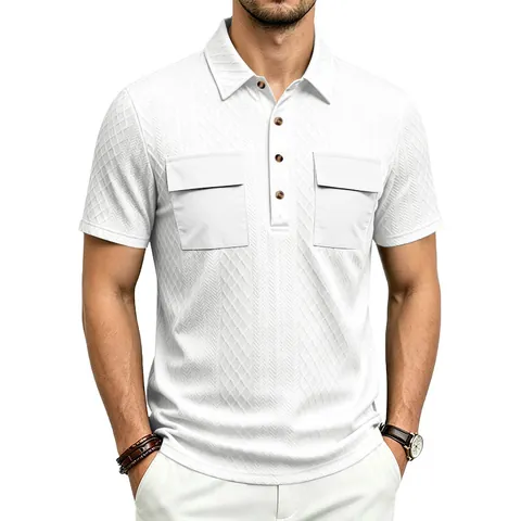 Men's Summer Short Sleeve Jacquard Polo Shirt Business Casual Lapel Top With Dual Cargo Pockets Relaxed Fit Solid Color Workwear