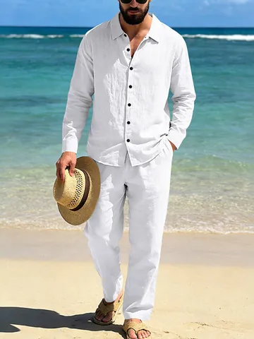 Men Casual Linen Blend Beach Outfit Long Sleeve Button Up Top And Bottom Breathable Summer Vacation Clothing For Men