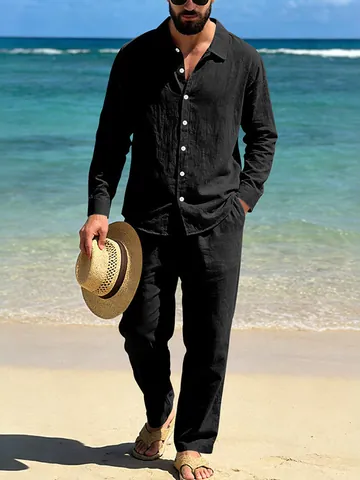 Men Casual Linen Blend Beach Outfit Long Sleeve Button Up Top And Bottom Breathable Summer Vacation Clothing For Men