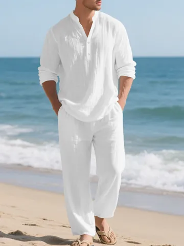 Heren Linnen Casual Set Henley-hals Shirt met Lange Mouwen en Broek Tweedelig Resort Strand Outfits Ademend Pak