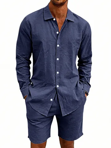 Men's Casual Linen Two Piece Sets Long Sleeve Button Down Shirt And Shorts Loose Fit Summer Beach Vacation Outfits