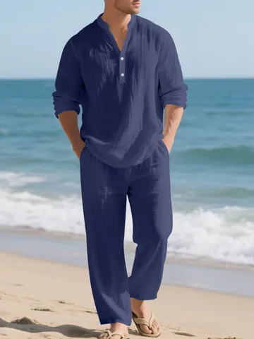 Heren Linnen Casual Set Henley-hals Shirt met Lange Mouwen en Broek Tweedelig Resort Strand Outfits Ademend Pak