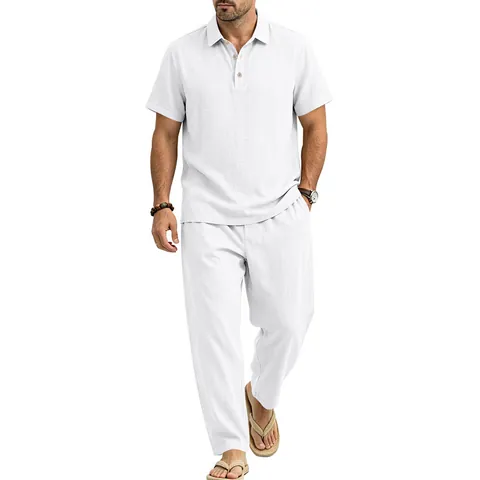 Herren Sommer Leinen Polo-Shirt Und Hose Set Casual Baumwolle Leinen Zweiteiliges Kurzarm Top Und Hose Outfit Für Urlaub Strand Kleidung Atmungsaktiv Bequem Maskulin Mode Einfarbig