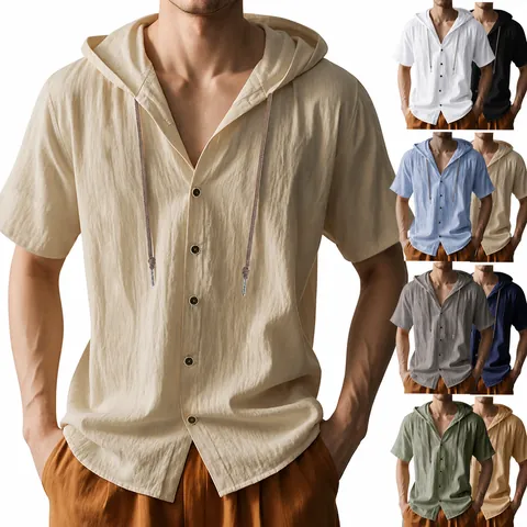 Men's Casual Linen Blend Hooded Short Sleeve Top Loose Breathable Solid Color Button Up Shirt For Summer Beach Vacation