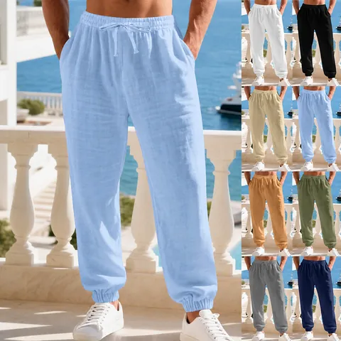 Men's Casual Linen Jogger Pants Breathable Cotton Linen Blend Drawstring Waist Cuffed Beach Trousers Solid Color Woven Lightweight Bottom