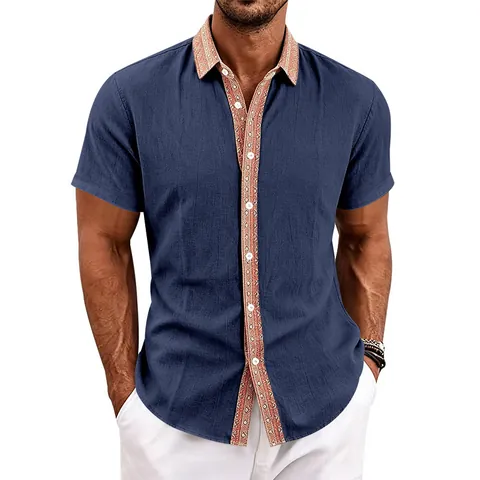 Men Short Sleeve Linen Polyester Shirt Vintage Pattern Patchwork Placket Casual Breathable Button Down Summer Tops For Men