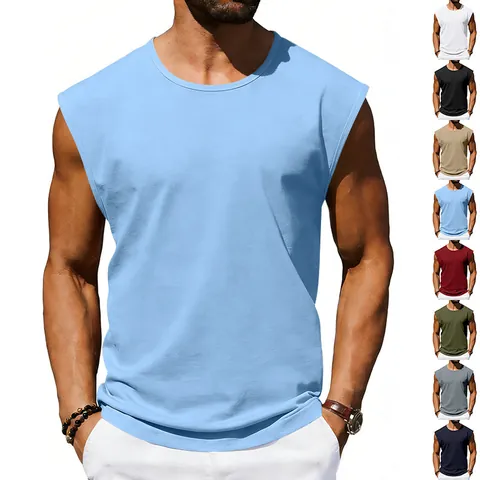 Men's Sleeveless Tank Top Summer Round Neck Loose Fit Sporty Solid Color Polyester Casual Muscle Tee Top