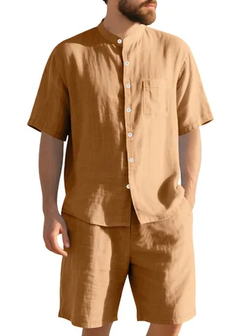 Completo da Uomo Estivo Hawaiano in Lino Casual Tinta Unita Camicia Henley a Maniche Corte e Pantaloncini Completo Top e Bottom