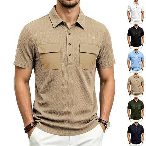 Men's Summer Short Sleeve Jacquard Polo Shirt Business Casual Lapel Top With Dual Cargo Pockets Relaxed Fit Solid Color Workwear
