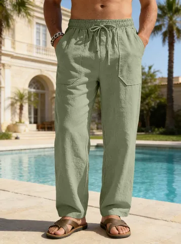 Lässige Herrenhose aus Leinenmischung mit geradem weitem Bein, lockere Kordelzug-Strandhose, einfarbige leichte Sommerhose