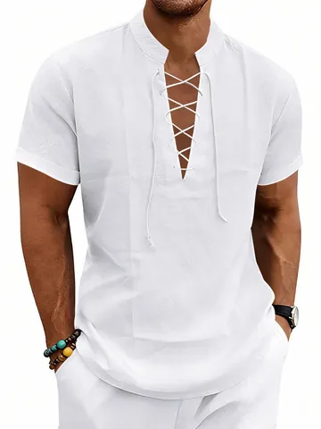 Camisa Henley de Mezcla de Lino Casual para Hombre Playa Verano Manga Corta con Cordones Color Sólido Cuello Mao