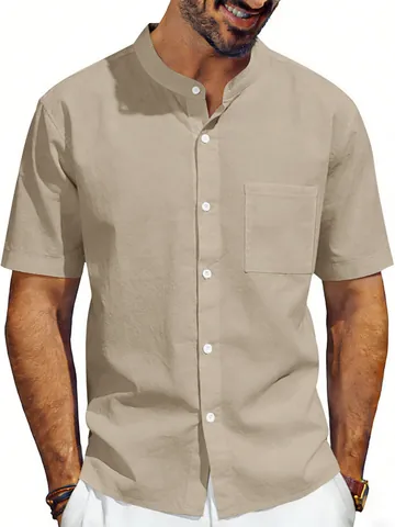 Men's Casual Linen Blend Shirt Stand Collar Short Sleeve Button Down Loose Breathable Solid Color Business Fashion Shirt