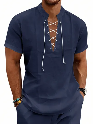 Camisa Henley de Mezcla de Lino Casual para Hombre Playa Verano Manga Corta con Cordones Color Sólido Cuello Mao