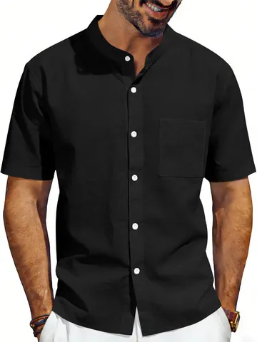 Men's Casual Linen Blend Shirt Stand Collar Short Sleeve Button Down Loose Breathable Solid Color Business Fashion Shirt