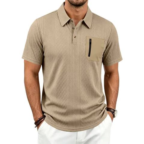 Herren Jacquard Polo Shirt Kurzarm Taktische Reißverschlusstasche Atmungsaktives Polyester Top Für Outdoor Casual Wear Einfarbig Mode Tee