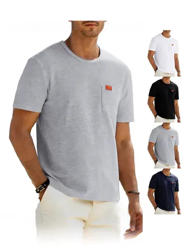 Men Casual Polyester T-Shirt Basic Solid Color Round Neck Short Sleeve Top With Chest Pocket Patch Detail Summer Fashion