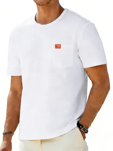 Men Casual Polyester T-Shirt Basic Solid Color Round Neck Short Sleeve Top With Chest Pocket Patch Detail Summer Fashion