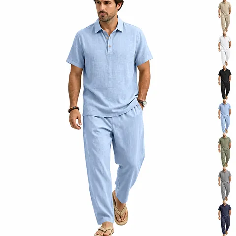 Herren Sommer Leinen Polo-Shirt Und Hose Set Casual Baumwolle Leinen Zweiteiliges Kurzarm Top Und Hose Outfit Für Urlaub Strand Kleidung Atmungsaktiv Bequem Maskulin Mode Einfarbig