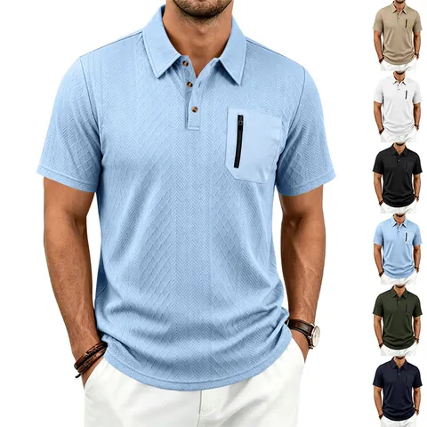 Herren Jacquard Polo Shirt Kurzarm Taktische Reißverschlusstasche Atmungsaktives Polyester Top Für Outdoor Casual Wear Einfarbig Mode Tee
