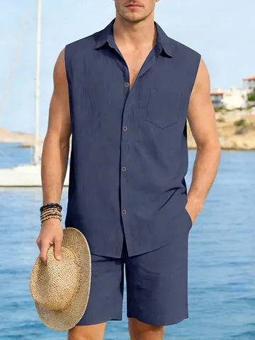 Men Casual Linen Sleeveless Shirt And Shorts Top And Bottom Summer Beach Vacation Solid Color Relaxed Fit Vacation Wear
