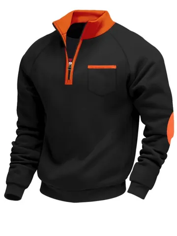 Men's Heavyweight Fleece Lined Quarter Zip Stand Collar Sweatshirt Patch Design Long Sleeve Pullover Casual Warm Fashion Top