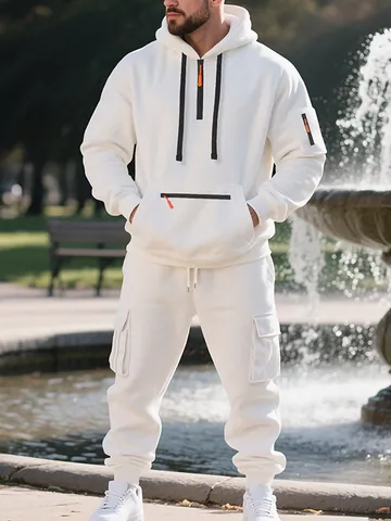 Tuta Sportiva da Uomo Invernale in Pile Set Felpa con Cappuccio a Mezza Zip e Pantaloni Sportivi Cargo Multitasche Completo Sportivo Casual Caldo Pesante Top And Bottom