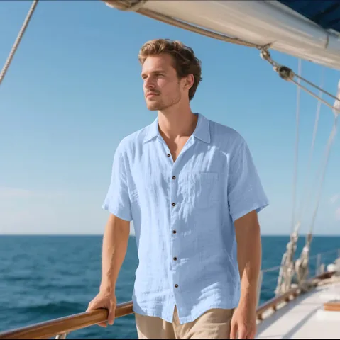 Men's Casual Short Sleeve Polyester Linen Look Shirt Breathable Button Down Top With Pocket Vacation Summer Beach Shirt