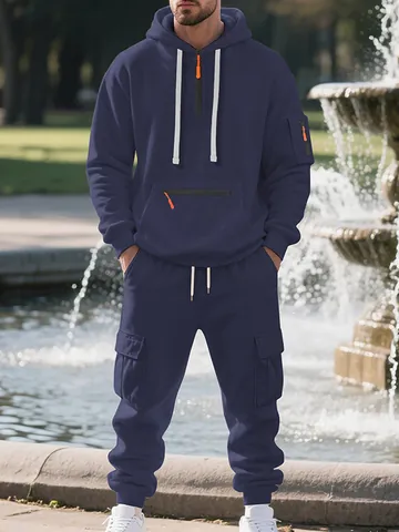 Tuta Sportiva da Uomo Invernale in Pile Set Felpa con Cappuccio a Mezza Zip e Pantaloni Sportivi Cargo Multitasche Completo Sportivo Casual Caldo Pesante Top And Bottom
