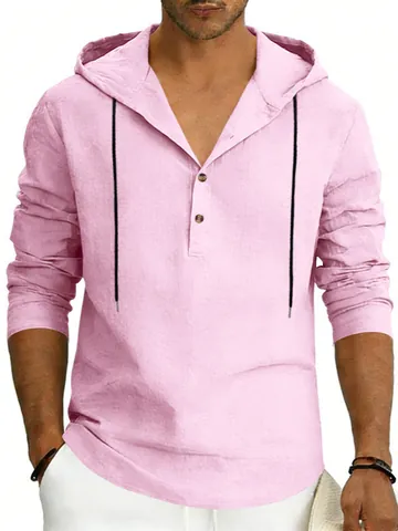 Camicia Casual da Uomo in Misto Lino con Cappuccio Manica Lunga Tinta Unita Felpa Henley Vestibilità Comoda Traspirante Top Moda