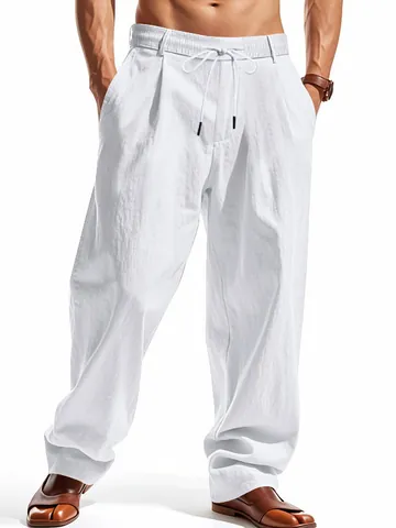Men Casual Linen Pants Loose Fit Breathable Straight Leg Drawstring Waist Trousers Fashion Solid Color Lightweight Bottom