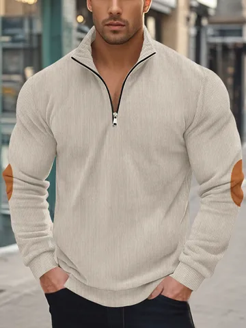 Men Heavy Corduroy Quarter Zip Sweatshirt Stand Collar Retro Elbow Patches Loose Fit Long Sleeve Casual Pullover Top