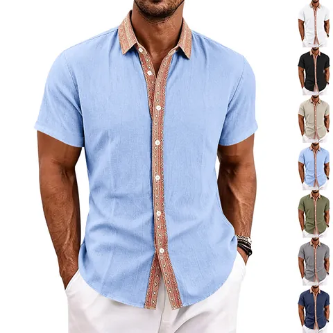 Herren Casual Leinenmischung Kurzarmhemd Ethnisch Farbblock Revers Polohemd Atmungsaktiv Sommer Knopfleiste Top
