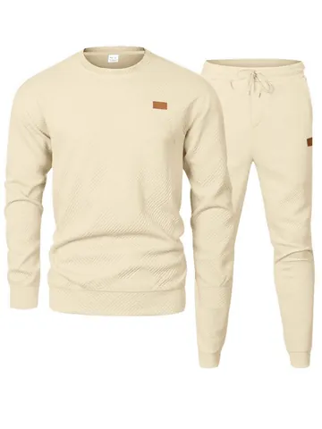 Men Tracksuit Casual Jacquard Knitted Round Neck Long Sleeve Hoodie And Pants Two Piece Set For Winter Sports Top And Bottom