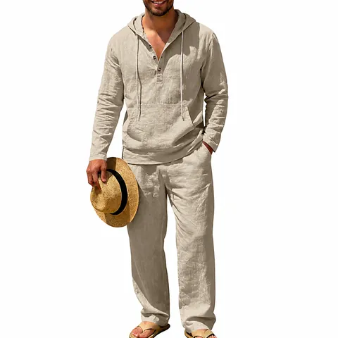 Men's Casual Linen Blend Hooded Long Sleeve Top And Bottom Summer Beach Vacation Loose Breathable Fashion Outfit Set