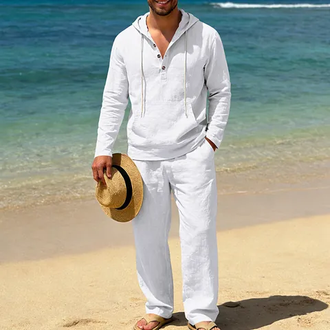 Men's Casual Linen Blend Hooded Long Sleeve Top And Bottom Summer Beach Vacation Loose Breathable Fashion Outfit Set