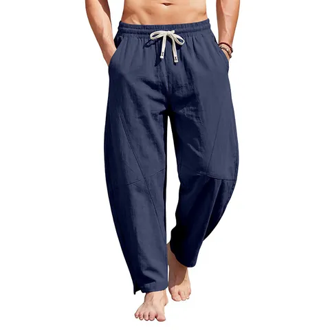 Ανδρικό Hip Hop Casual Βαμβακερό Λινό Παντελόνι Patchwork Χαρέμι Καλοκαιρινό Αναπνεύσιμο Φαρδύ Παντελόνι Με Σχίσιμο στην Παραλία