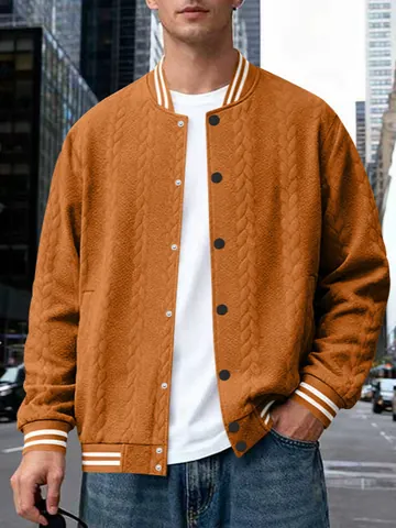 Men's American Style Varsity Knitted Cardigan Jacket Cable Knit Loose Fit Flight Bomber Top For Autumn Casual Wear