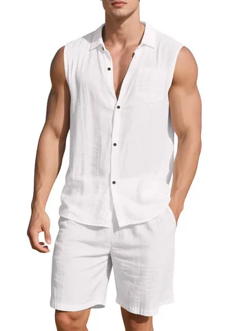Conjunto de Traje Casual de Mezcla de Lino y Poliéster para Hombre Camisa Sin Mangas con Solapa y Botones Y Pantalones Cortos Verano Transpirable Top Et Bottom