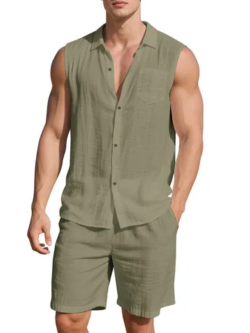 Conjunto de Traje Casual de Mezcla de Lino y Poliéster para Hombre Camisa Sin Mangas con Solapa y Botones Y Pantalones Cortos Verano Transpirable Top Et Bottom